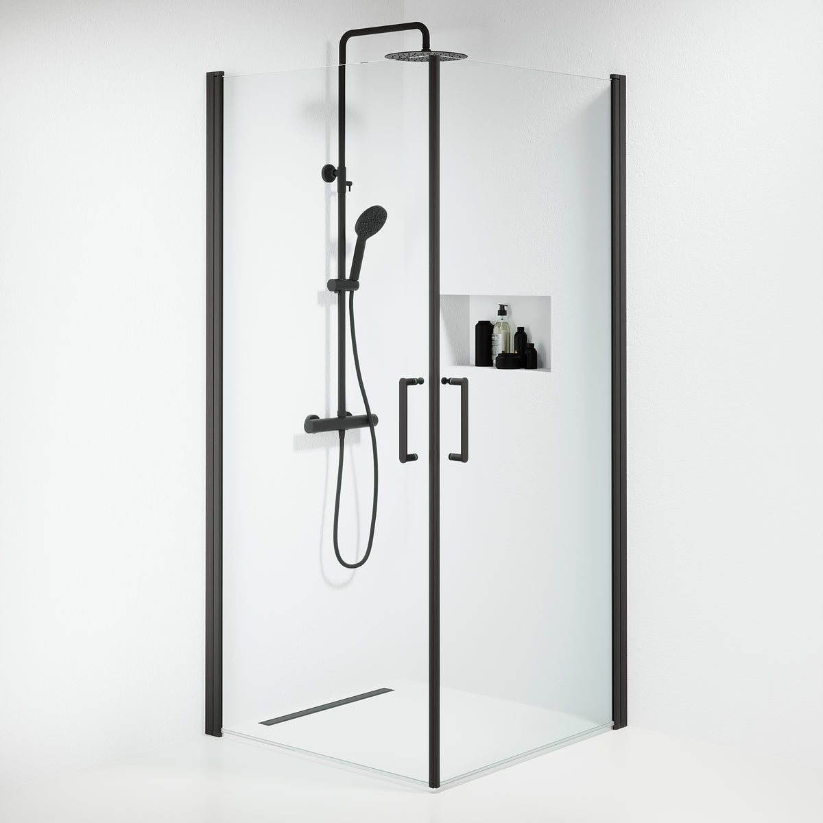 Sandefjord Shower Enclosure, Square, Black Profile, Clear Glass