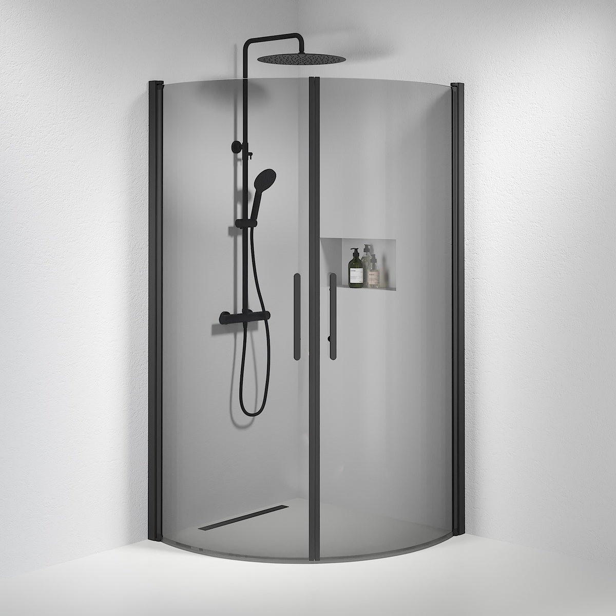 Vänern Shower Enclosure, Round, black Profile, Dark Tinted Glass