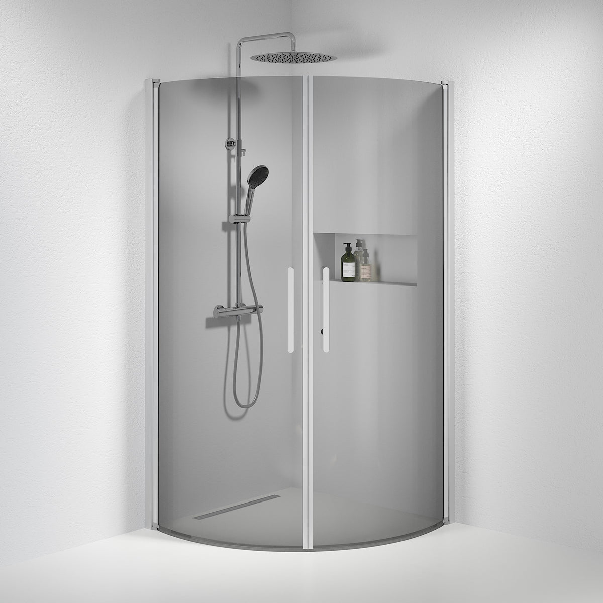 Vänern Shower Enclosure, Round, Brushed Aluminium Profile, Dark Tinted Glass