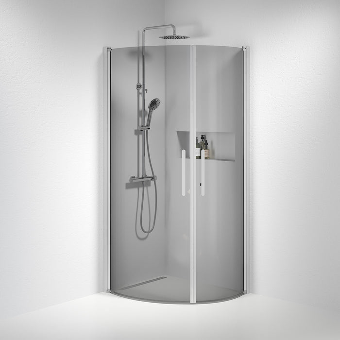 Vänern Shower Enclosure, Round, Brushed Aluminium Profile, Dark Tinted Glass