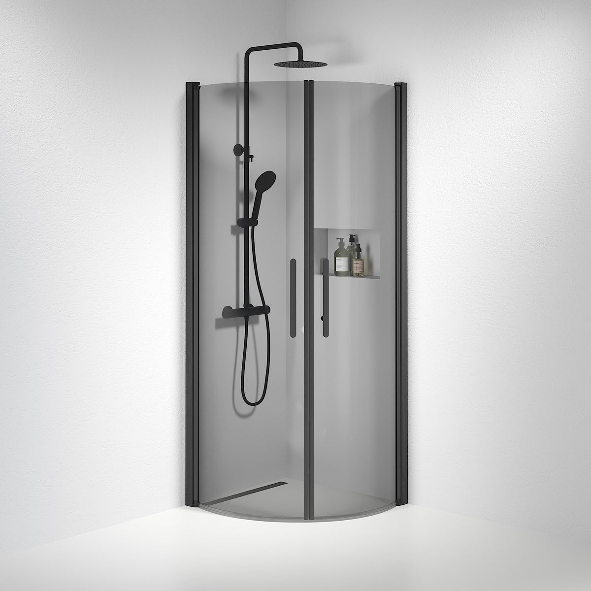 Vänern Shower Enclosure, Round, black Profile, Dark Tinted Glass