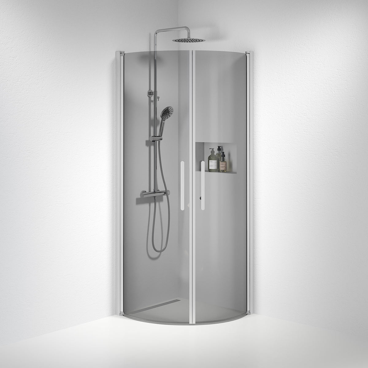 Vänern Shower Enclosure, Round, Brushed Aluminium Profile, Dark Tinted Glass