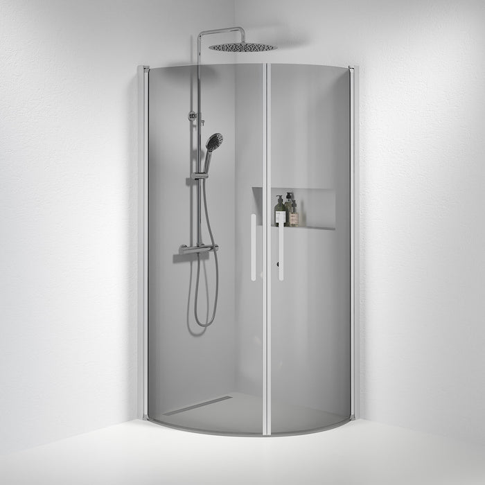 Vänern Shower Enclosure, Round, Brushed Aluminium Profile, Dark Tinted Glass