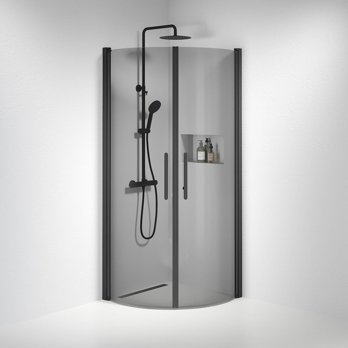 Vänern Shower Enclosure, Round, black Profile, Dark Tinted Glass