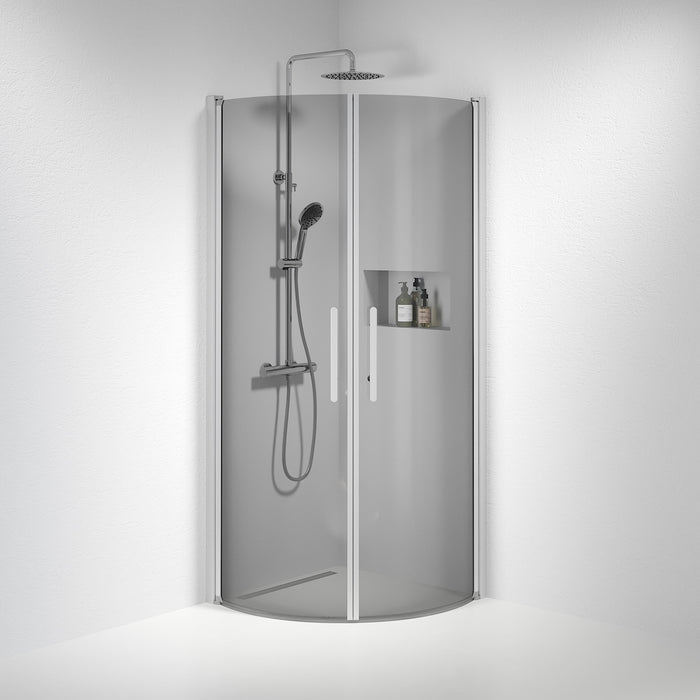 Vänern Shower Enclosure, Round, Brushed Aluminium Profile, Dark Tinted Glass