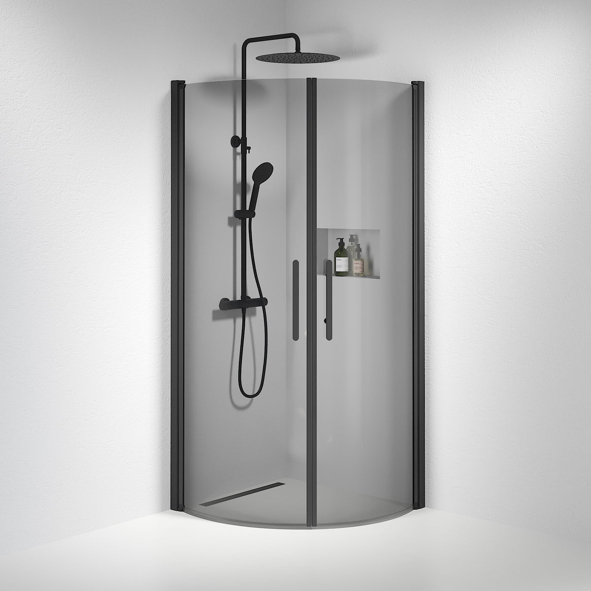 Vänern Shower Enclosure, Round, black Profile, Dark Tinted Glass