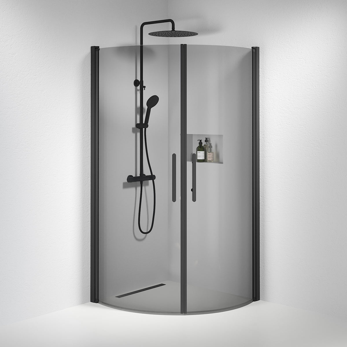 Vänern Shower Enclosure, Round, black Profile, Dark Tinted Glass