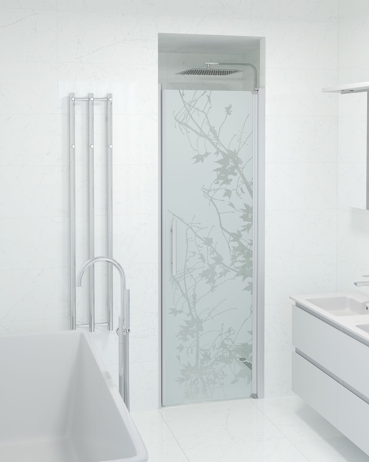 Fjäll Niche Shower Door, Brushed Aluminium Profile, Decor Glass