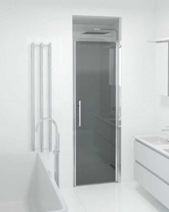 Vänern Niche Shower Door, Chrome Profile, Dark Tinted Glass