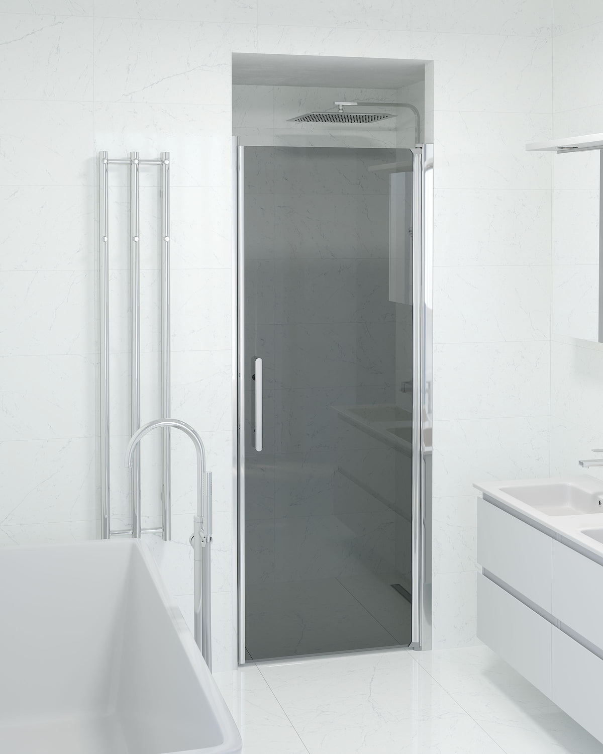 Vänern Niche Shower Door, Chrome Profile, Dark Tinted Glass