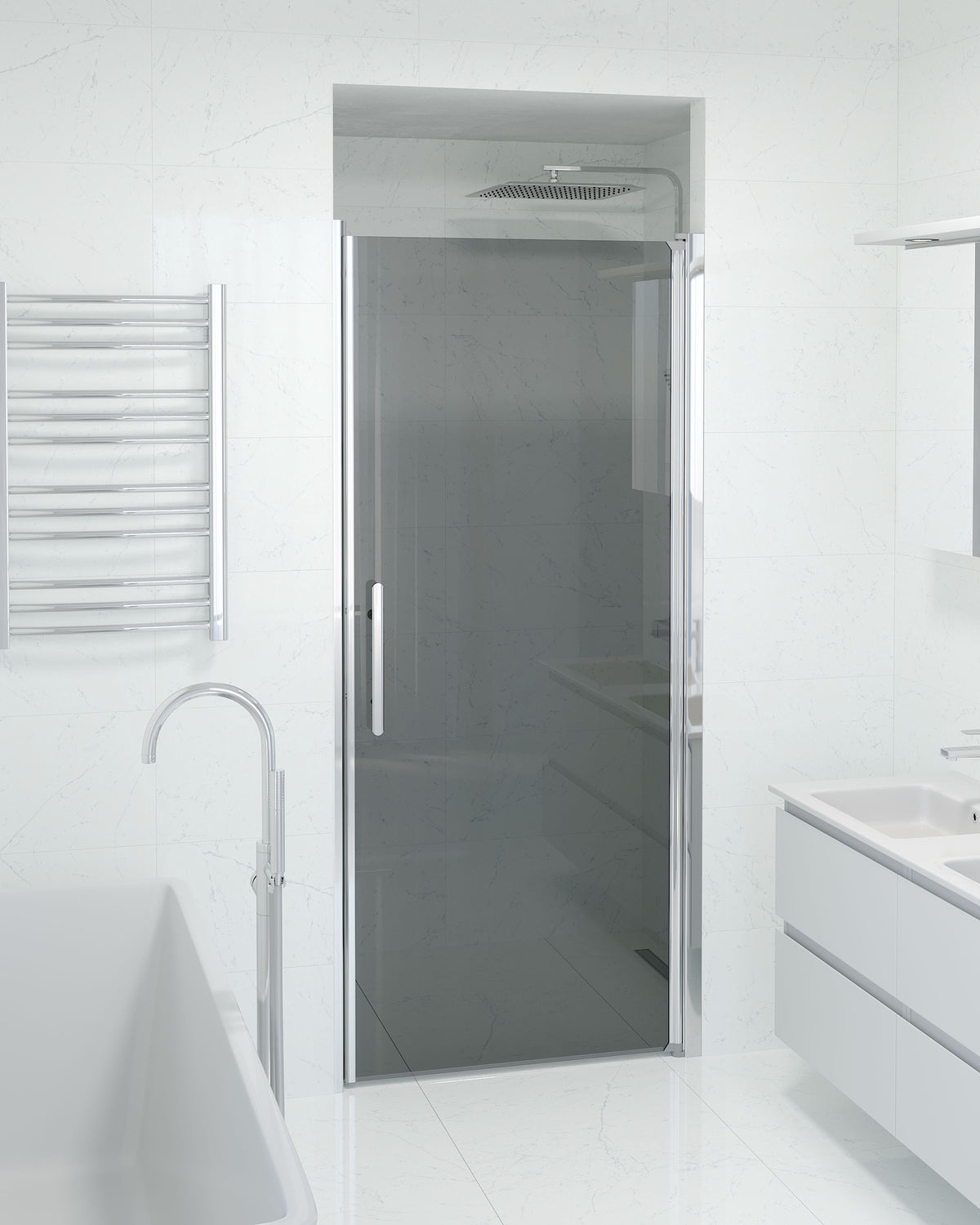 Vänern Niche Shower Door, Chrome Profile, Dark Tinted Glass