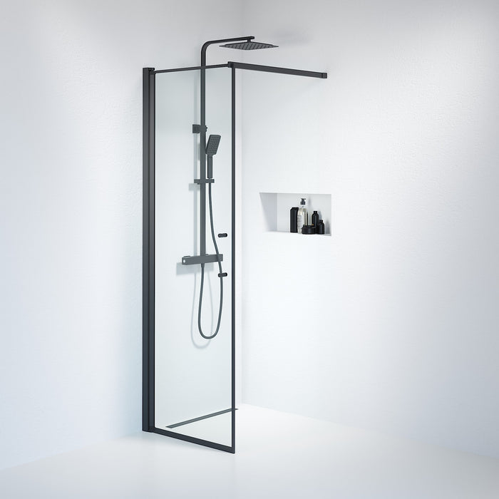 Vänern Shower Wall, black Profile, Clear Glass