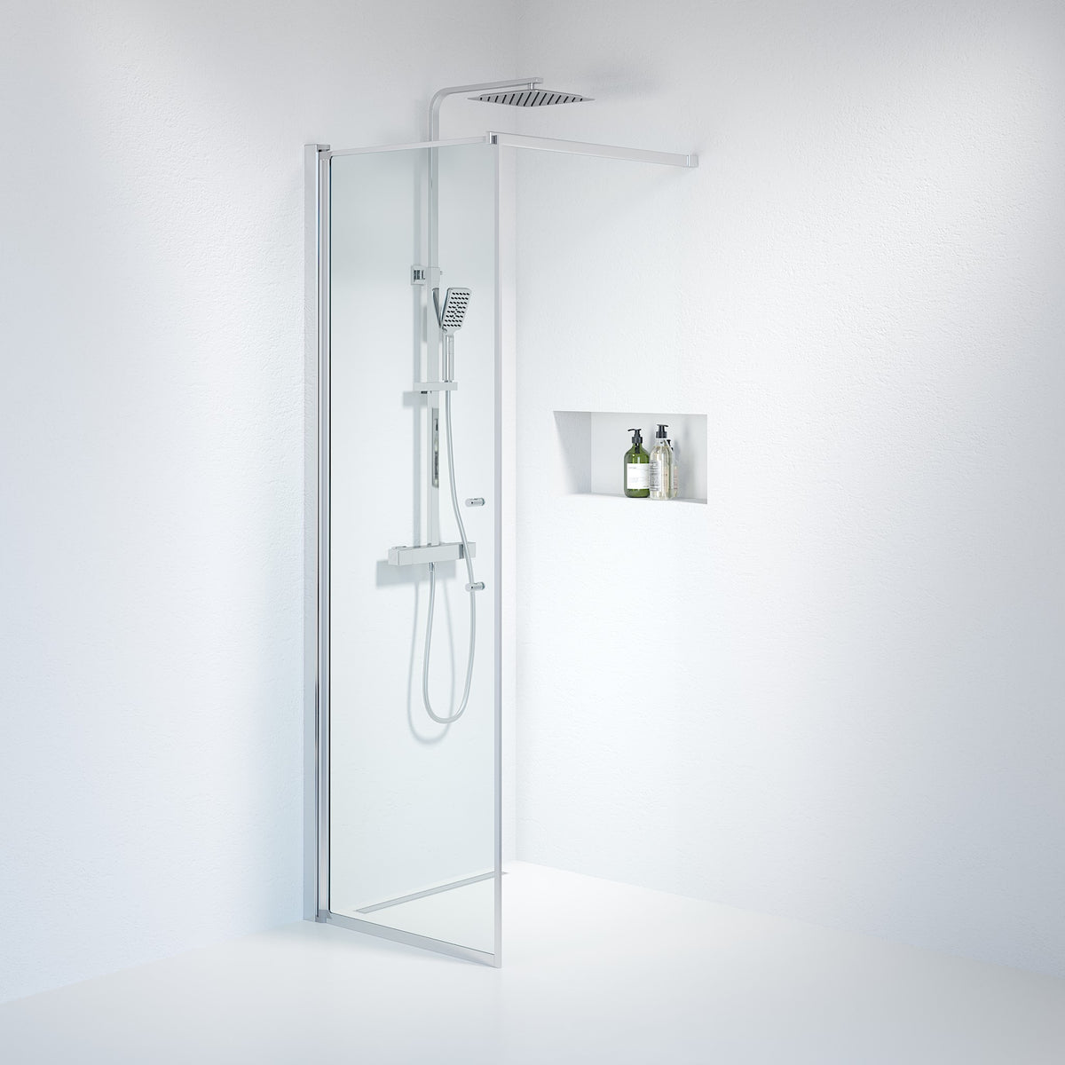 Vänern Shower Wall, Chrome Profile, Clear Glass