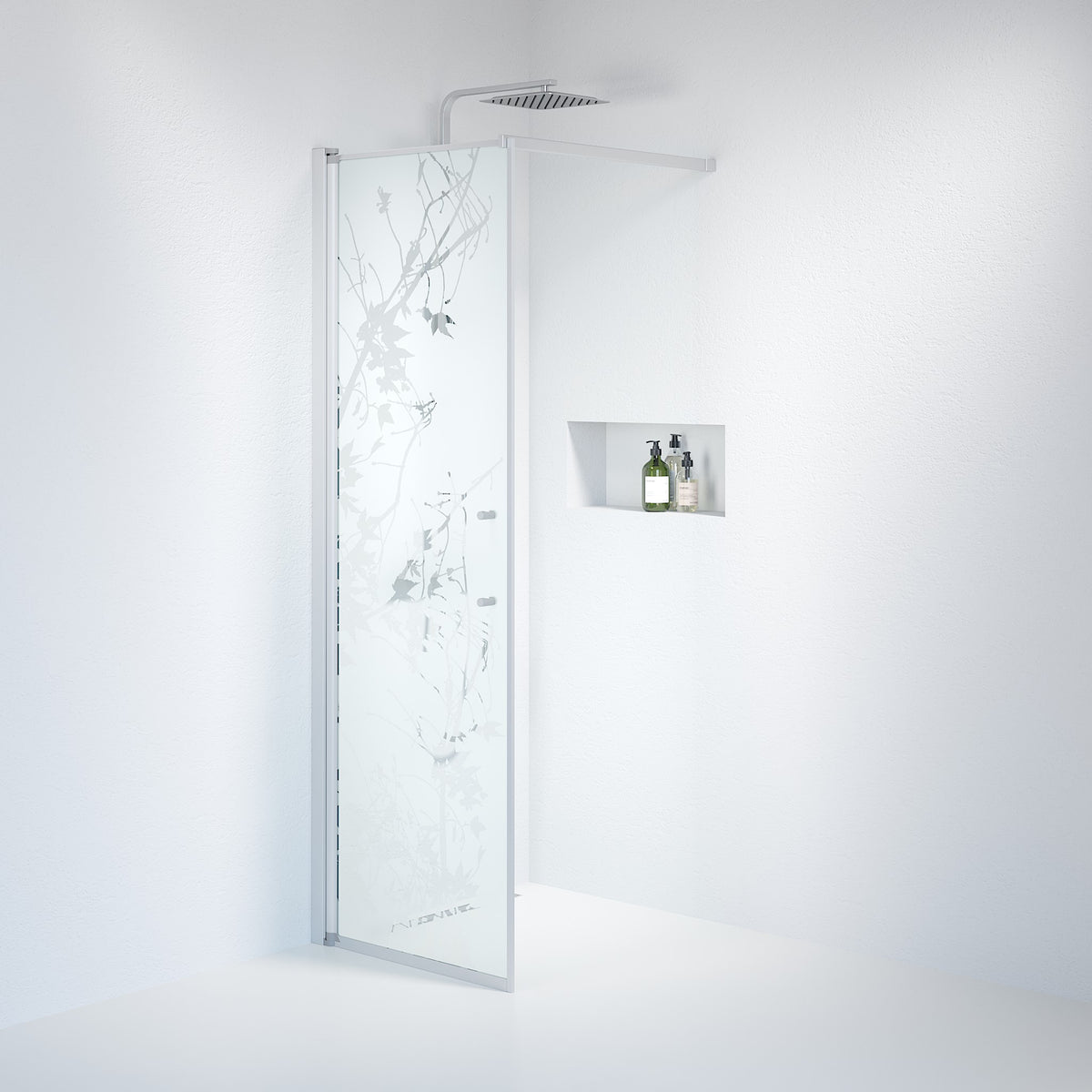 Vänern Shower Wall, Brushed Aluminium Profile, Decor Glass