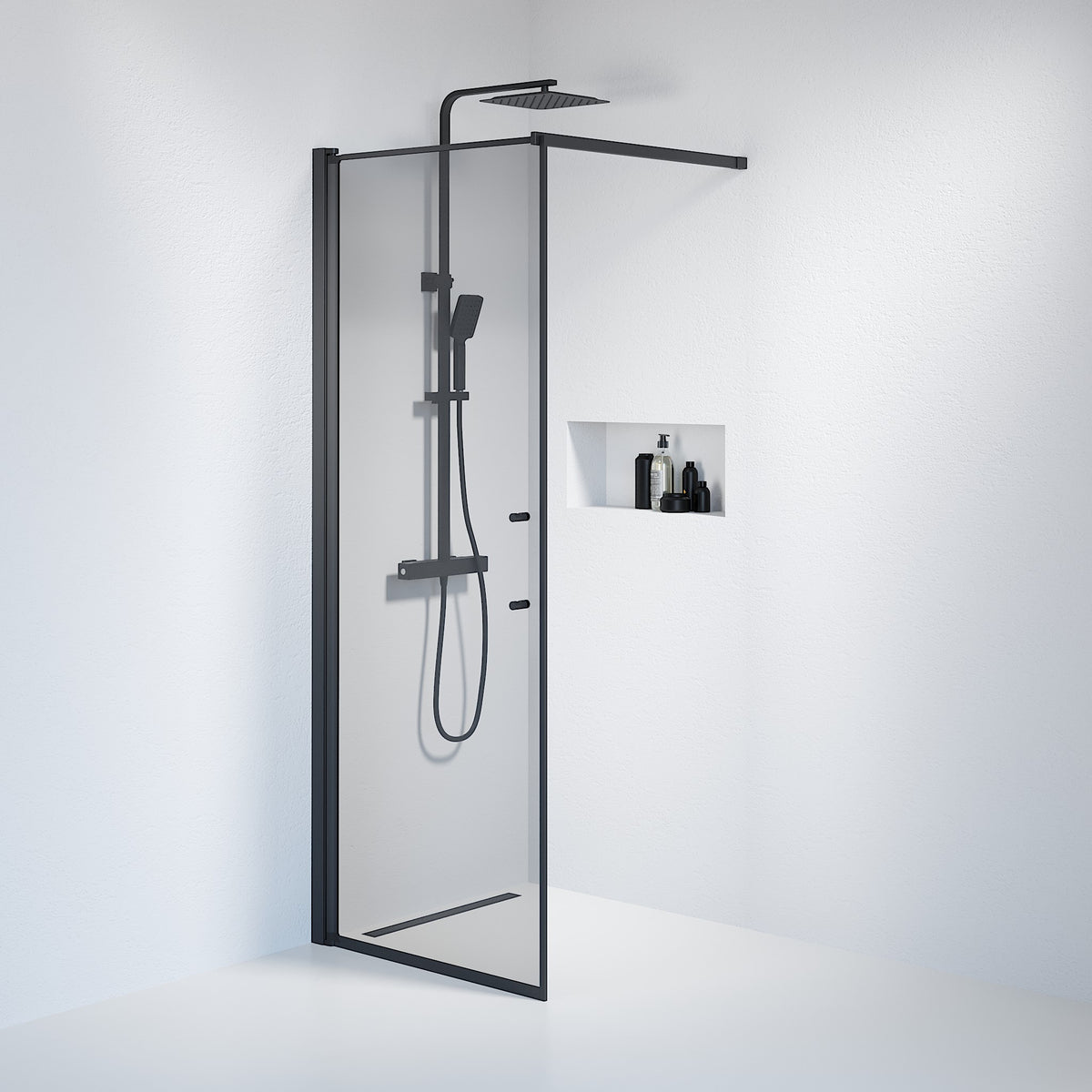 Vänern Shower Wall, black Profile, Dark Tinted Glass