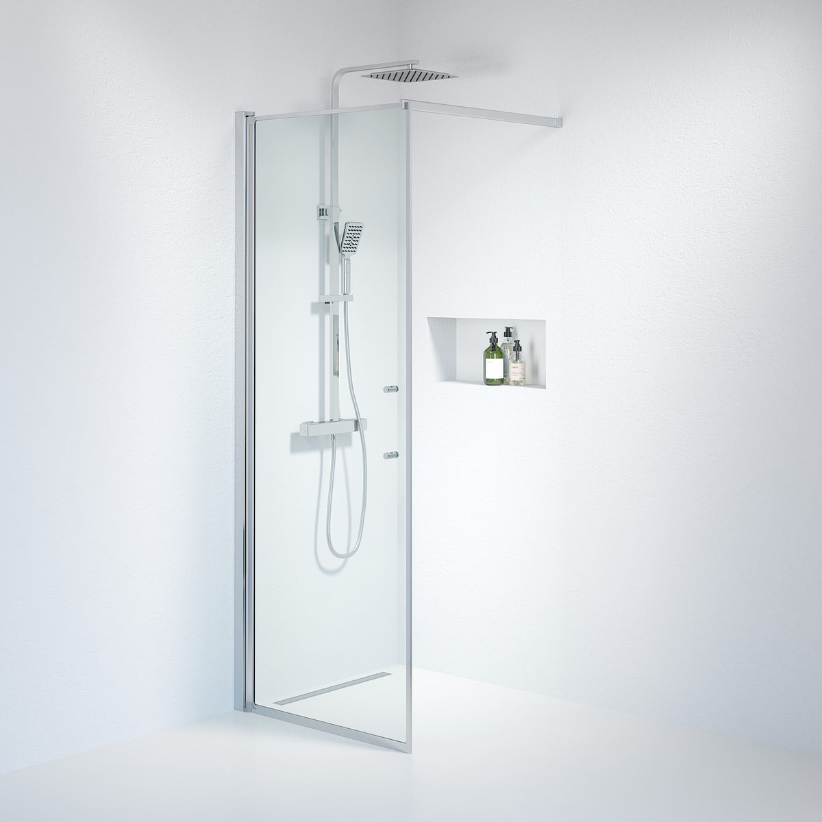 Vänern Shower Wall, Chrome Profile, Clear Glass