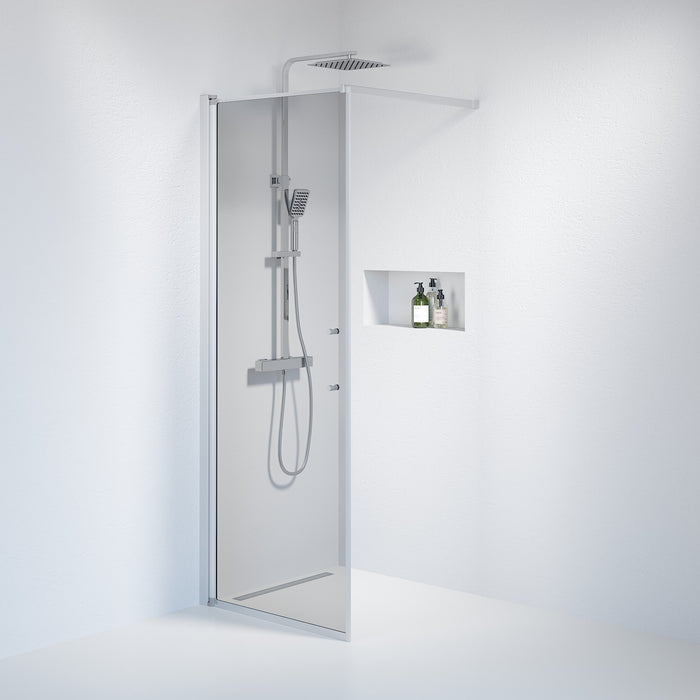 Vänern Shower Wall, Brushed Aluminium Profile, Dark Tinted Glass