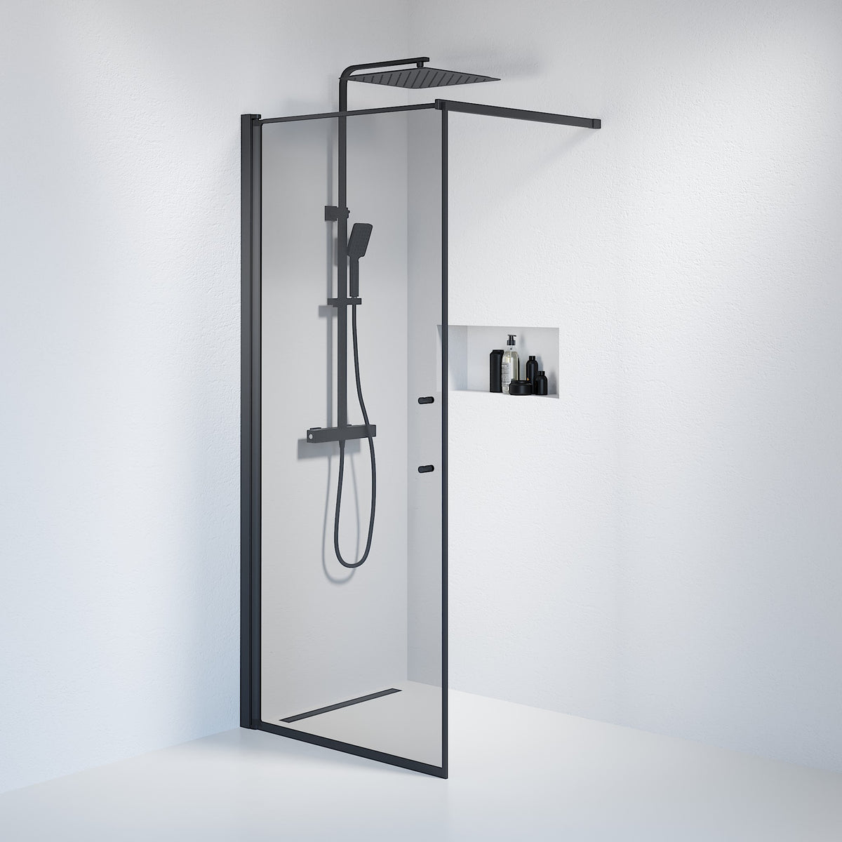 Vänern Shower Wall, black Profile, Dark Tinted Glass