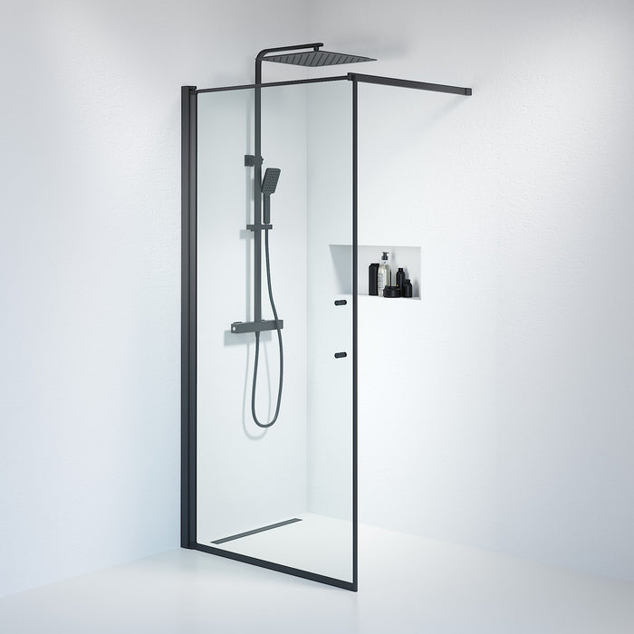 Vänern Shower Wall, black Profile, Clear Glass