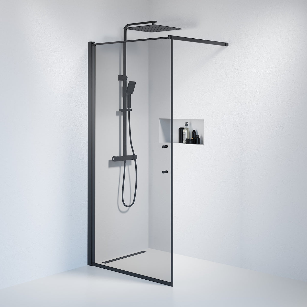 Vänern Shower Wall, black Profile, Dark Tinted Glass