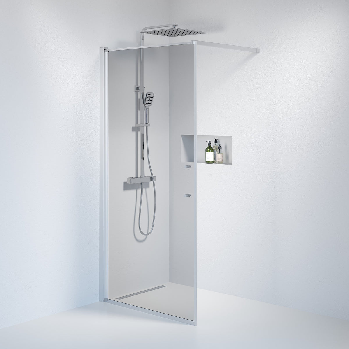 Vänern Shower Wall, Brushed Aluminium Profile, Dark Tinted Glass