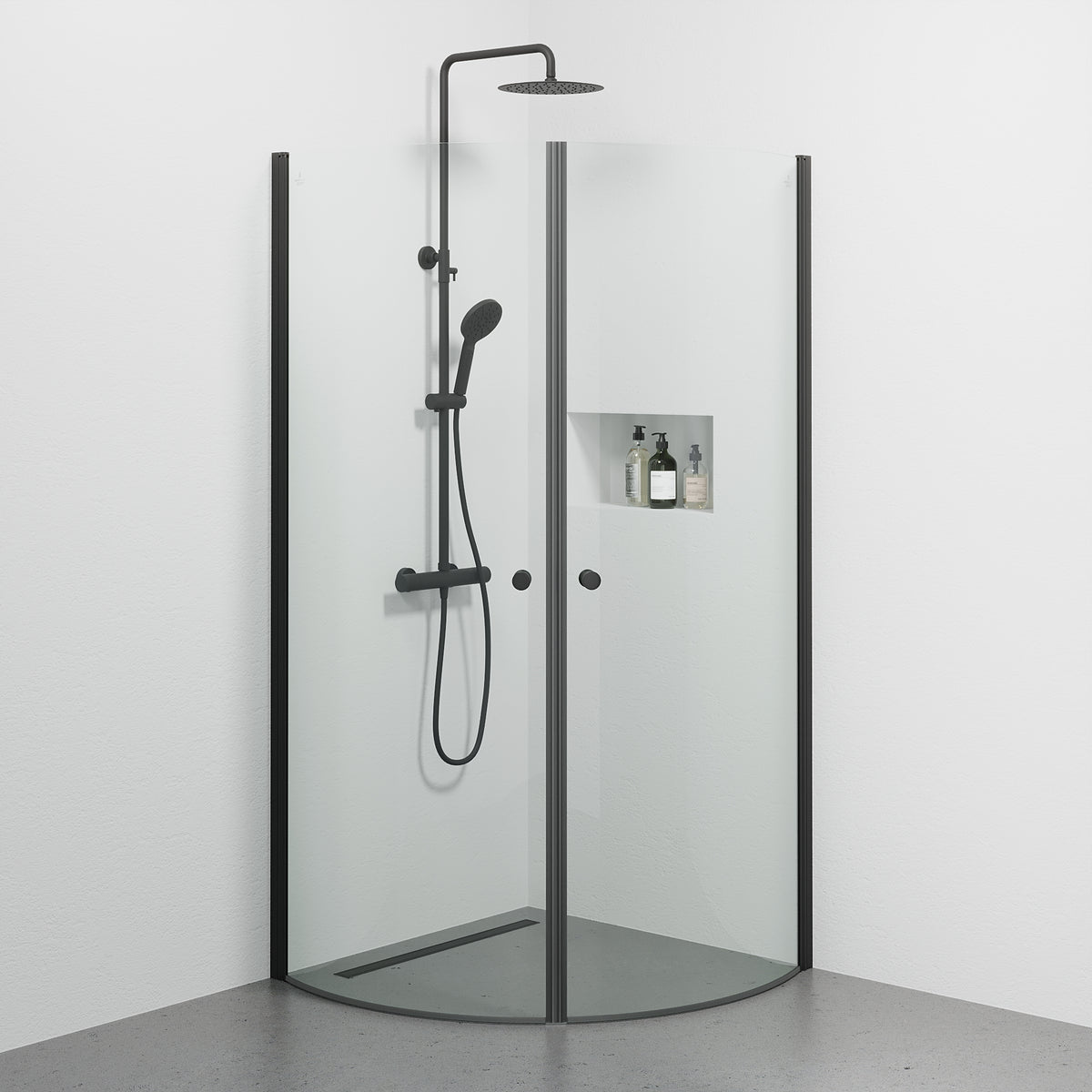 Tulsa Shower Enclosure, Round, Black Profile, Clear Glass