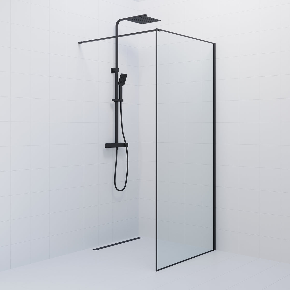 Tulsa Shower Wall, Black Profile, Clear Glass