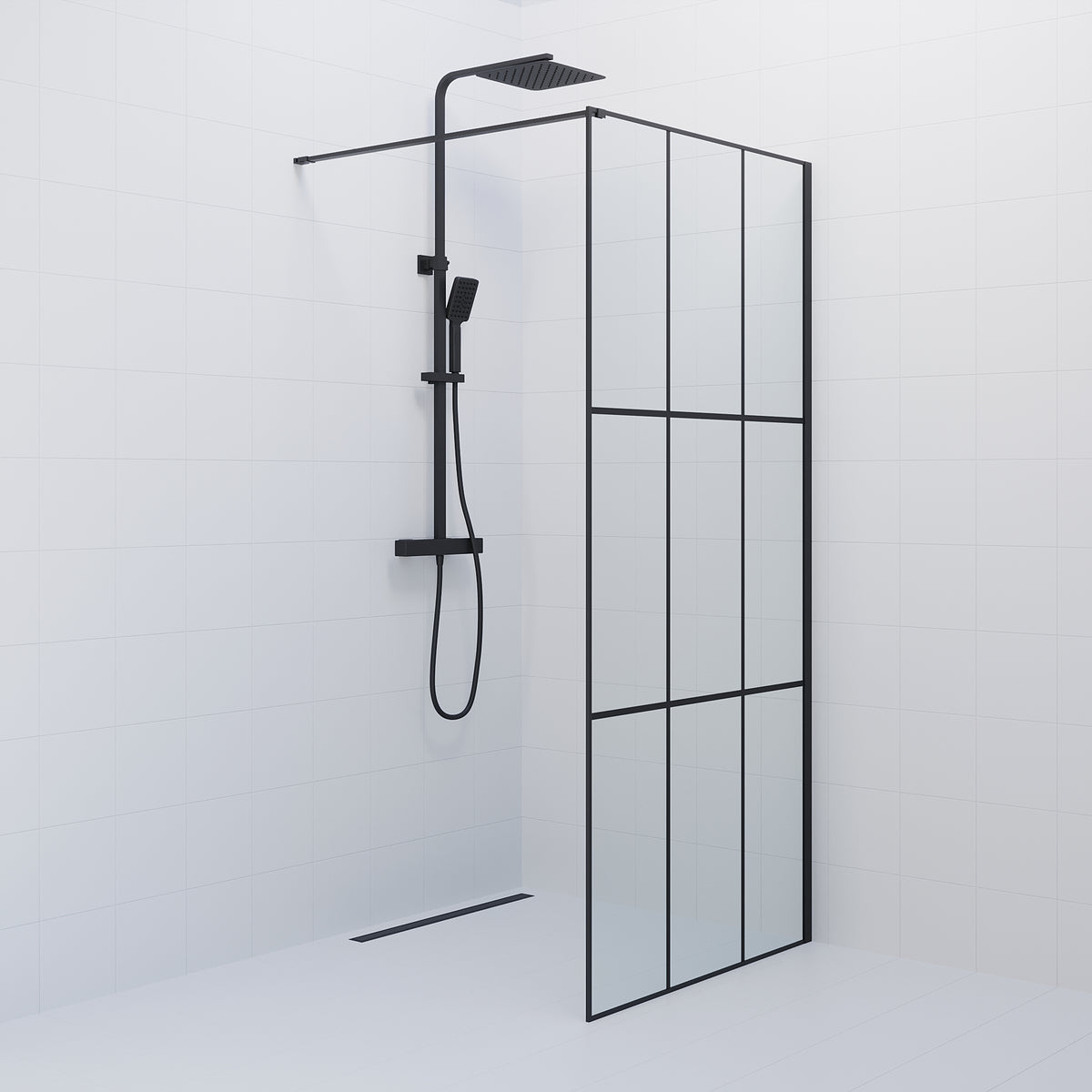 Tulsa Shower Wall, Black Profile, Black Framed Glass