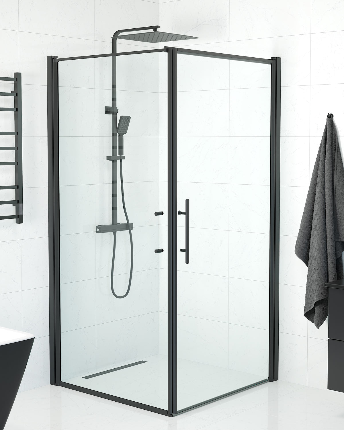 Vänern Shower Enclosure, Wall + Door, black Profile, Clear Glass