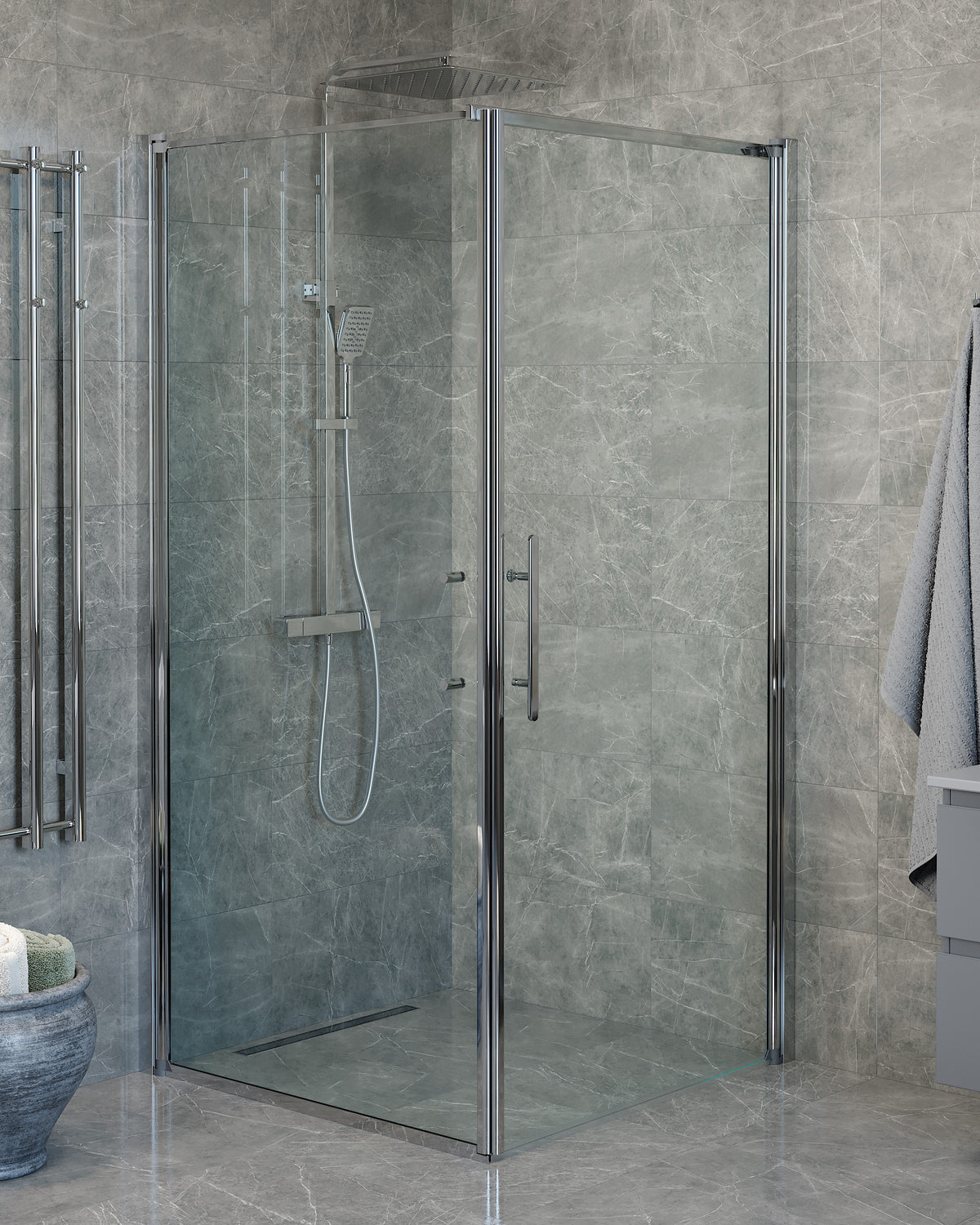 Vänern Shower Enclosure, Wall + Door, Chrome Profile, Clear Glass