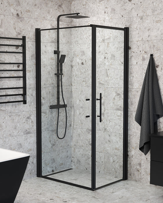 Vänern Shower Enclosure, Wall + Door, black Profile, Clear Glass