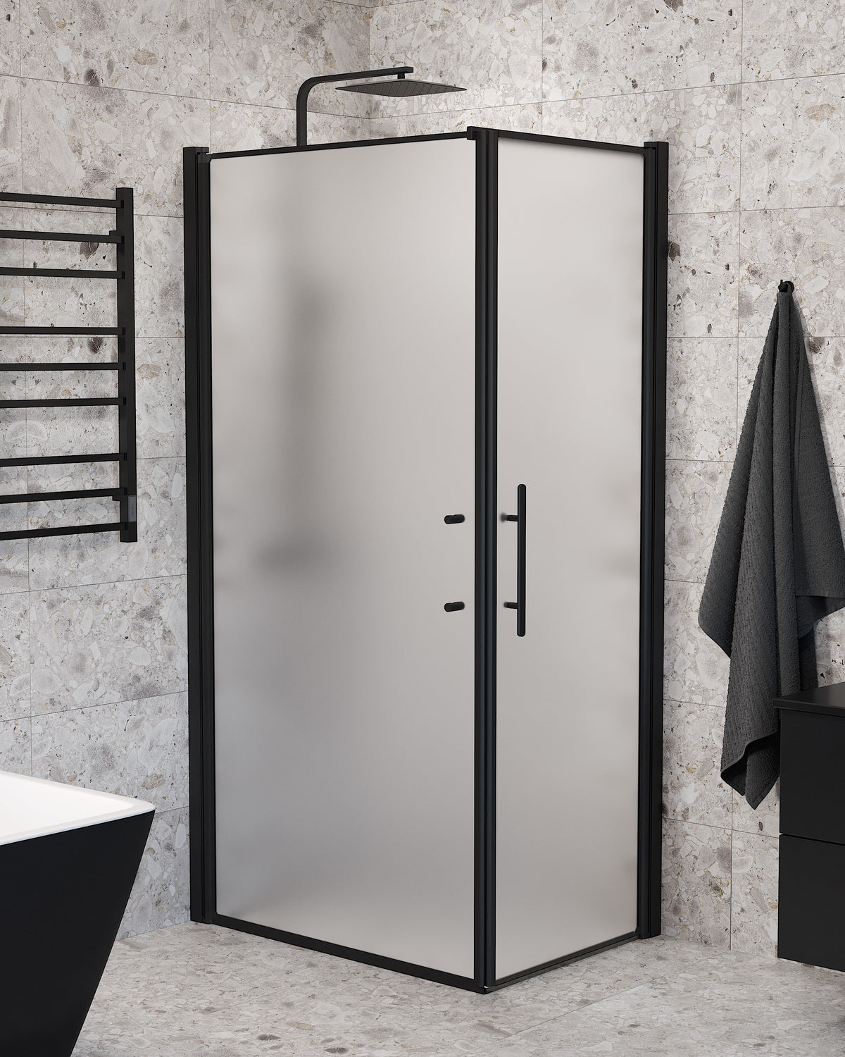 Vänern Shower Enclosure, Wall + Door, black Profile, matt Glass