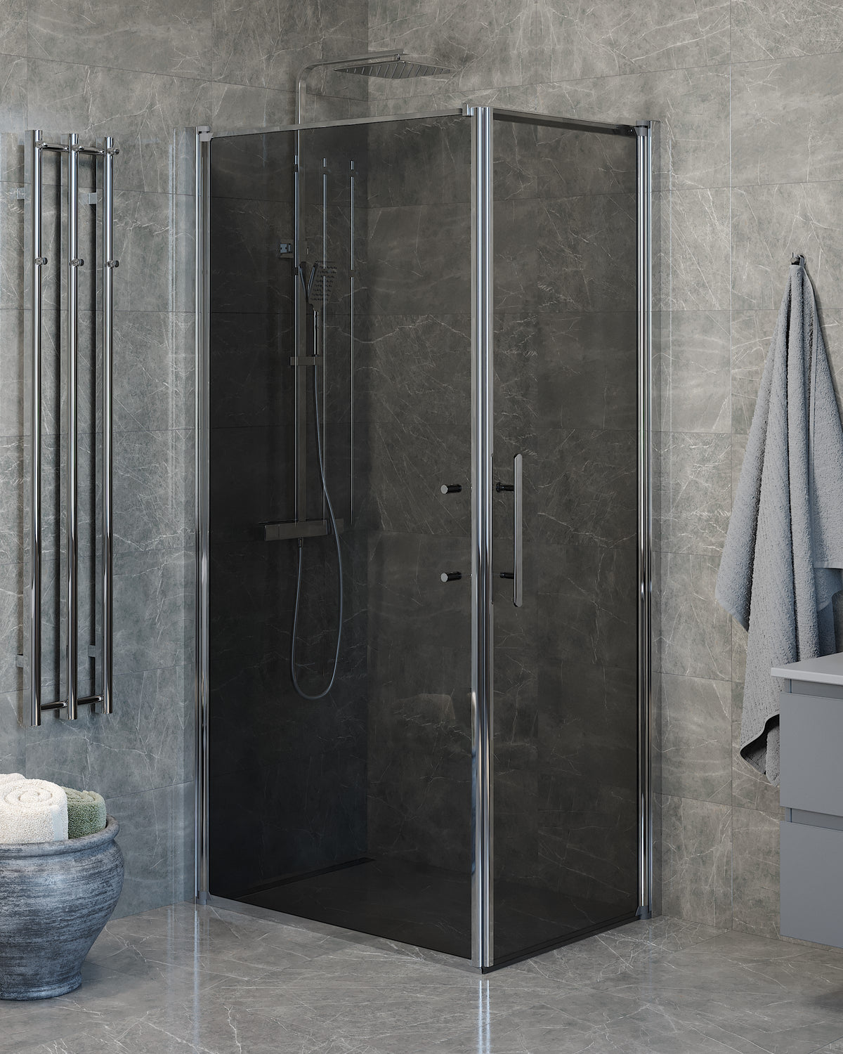 Vänern Shower Enclosure, Wall + Door, Chrome Profile, Dark Tinted Glass