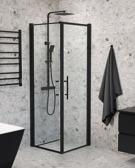 Vänern Shower Enclosure, Wall + Door, black Profile, Clear Glass