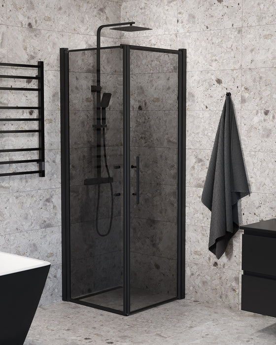 Vänern Shower Enclosure, Wall + Door, black Profile, Dark Tinted Glass