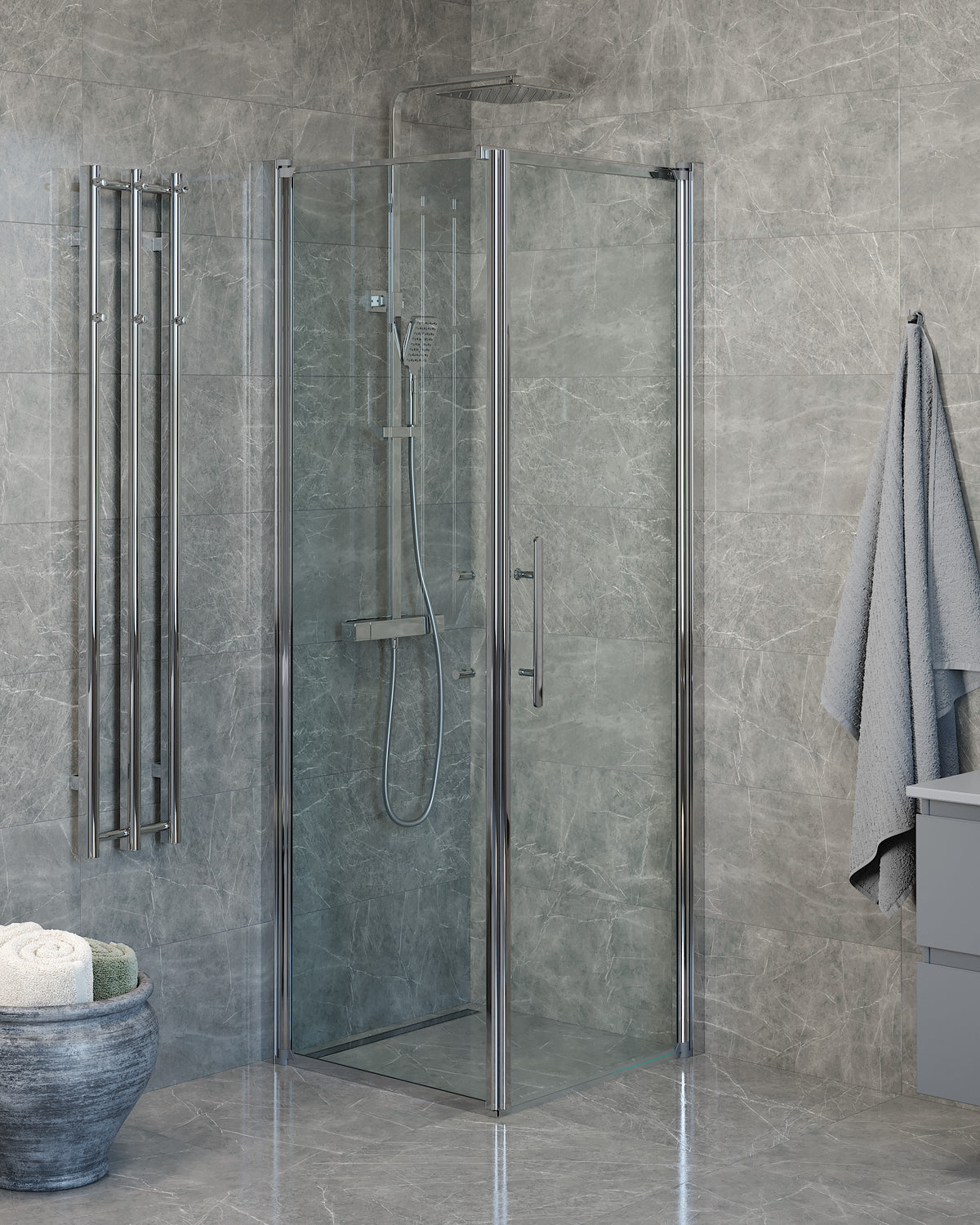 Vänern Shower Enclosure, Wall + Door, Chrome Profile, Clear Glass