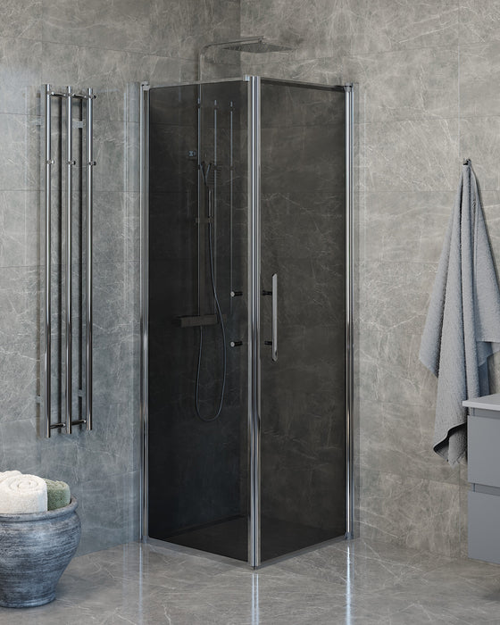 Vänern Shower Enclosure, Wall + Door, Chrome Profile, Dark Tinted Glass