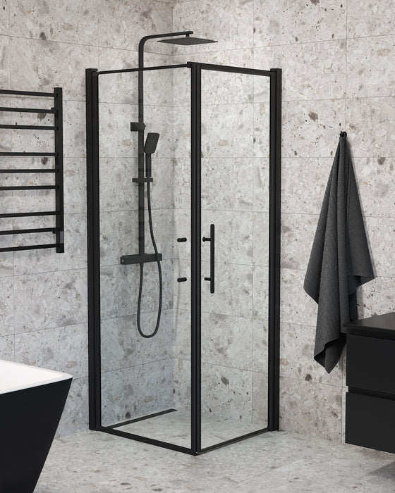 Vänern Shower Enclosure, Wall + Door, black Profile, Clear Glass