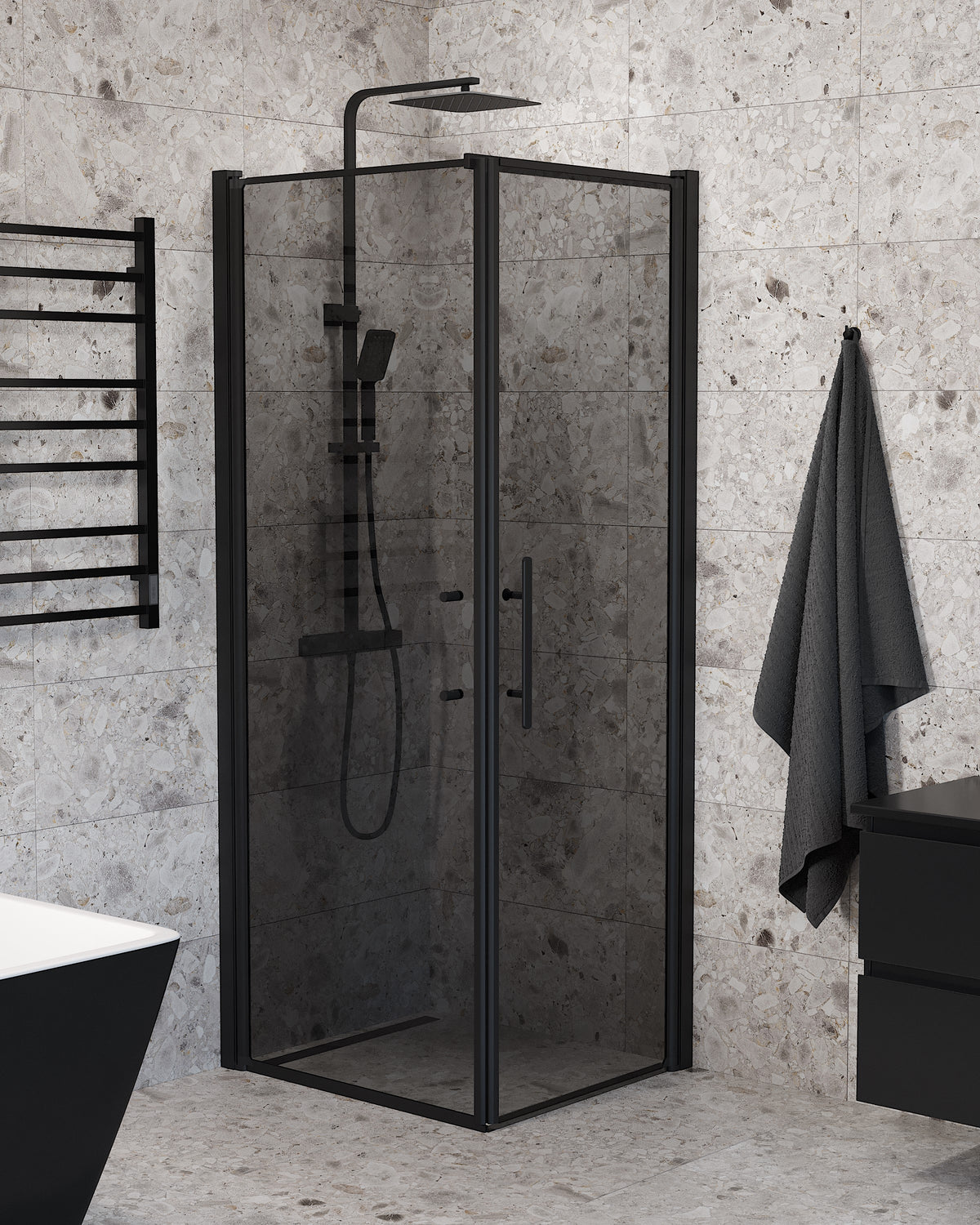 Vänern Shower Enclosure, Wall + Door, black Profile, Dark Tinted Glass