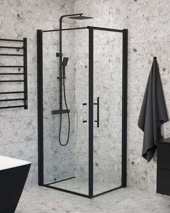 Vänern Shower Enclosure, Wall + Door, black Profile, Clear Glass