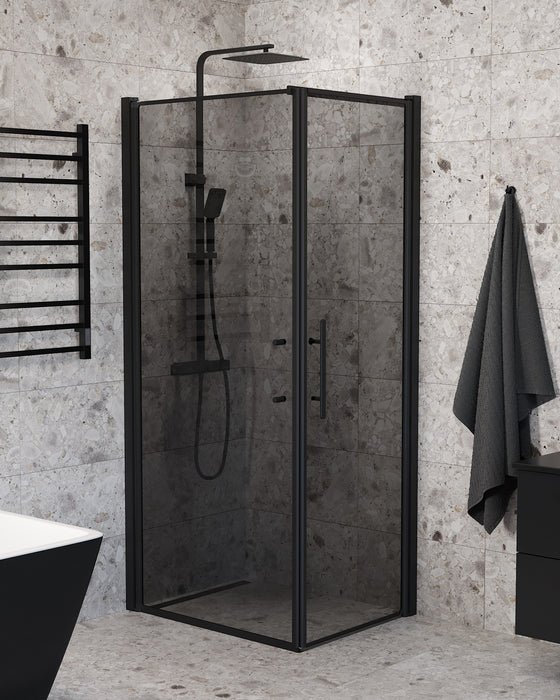 Vänern Shower Enclosure, Wall + Door, black Profile, Dark Tinted Glass