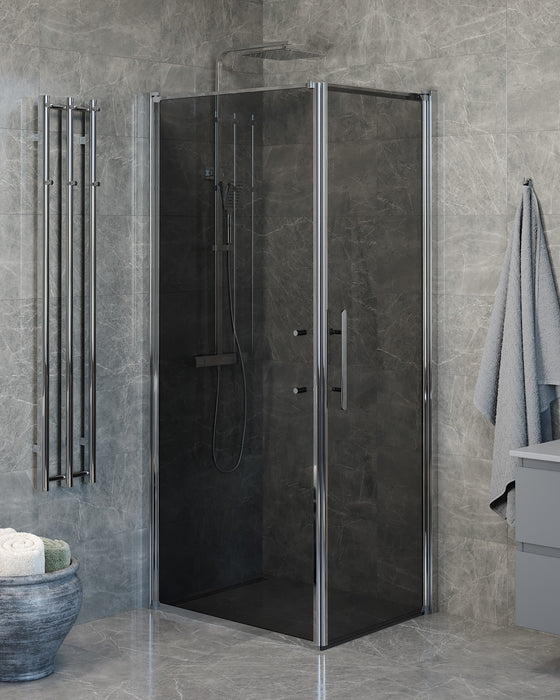 Vänern Shower Enclosure, Wall + Door, Chrome Profile, Dark Tinted Glass