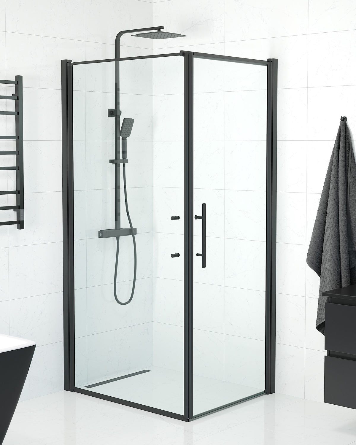 Vänern Shower Enclosure, Wall + Door, black Profile, Clear Glass