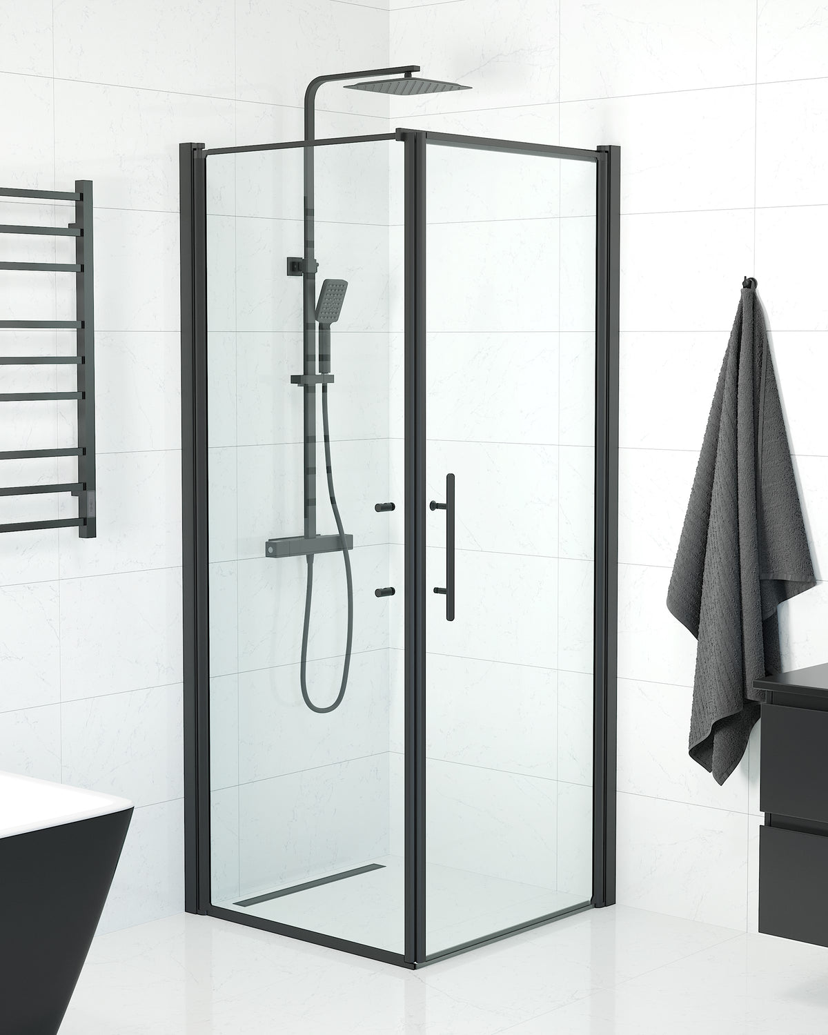 Vänern Shower Enclosure, Wall + Door, black Profile, Clear Glass