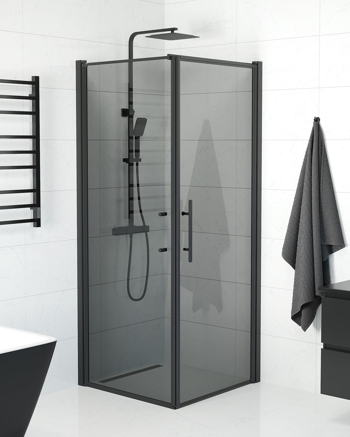 Vänern Shower Enclosure, Wall + Door, black Profile, Dark Tinted Glass