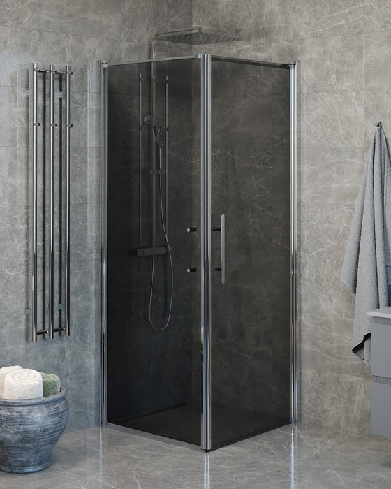 Vänern Shower Enclosure, Wall + Door, Chrome Profile, Dark Tinted Glass