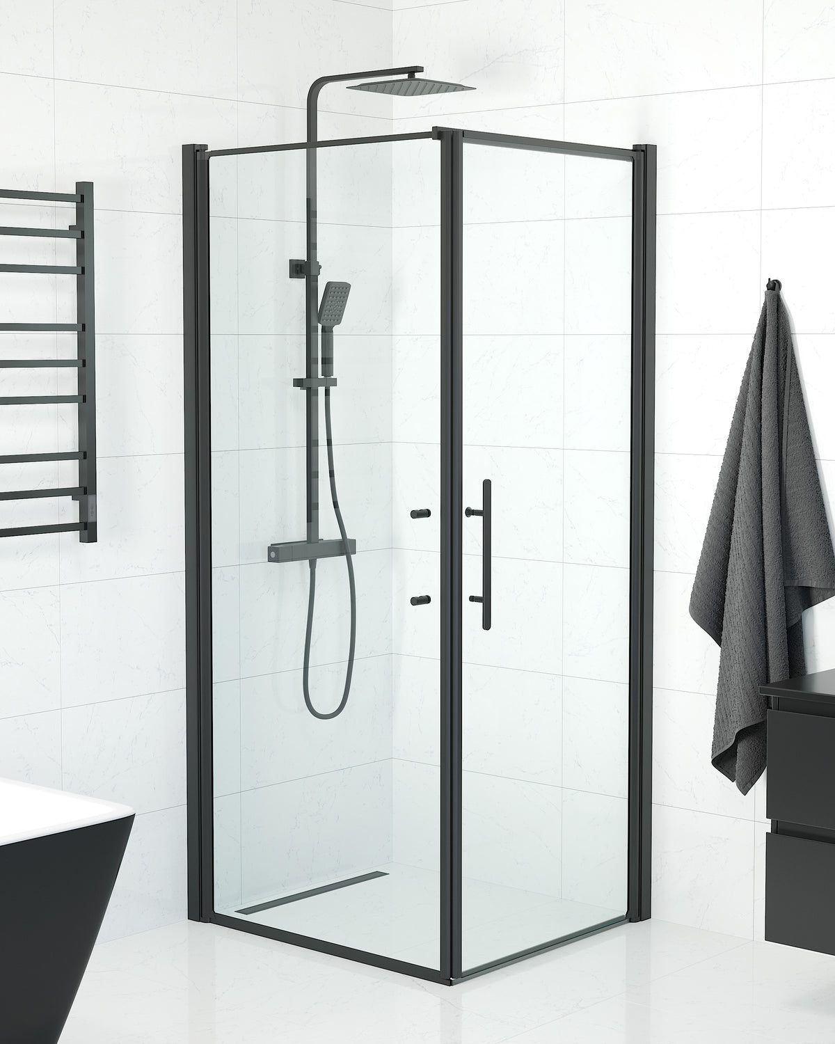 Vänern Shower Enclosure, Wall + Door, black Profile, Clear Glass