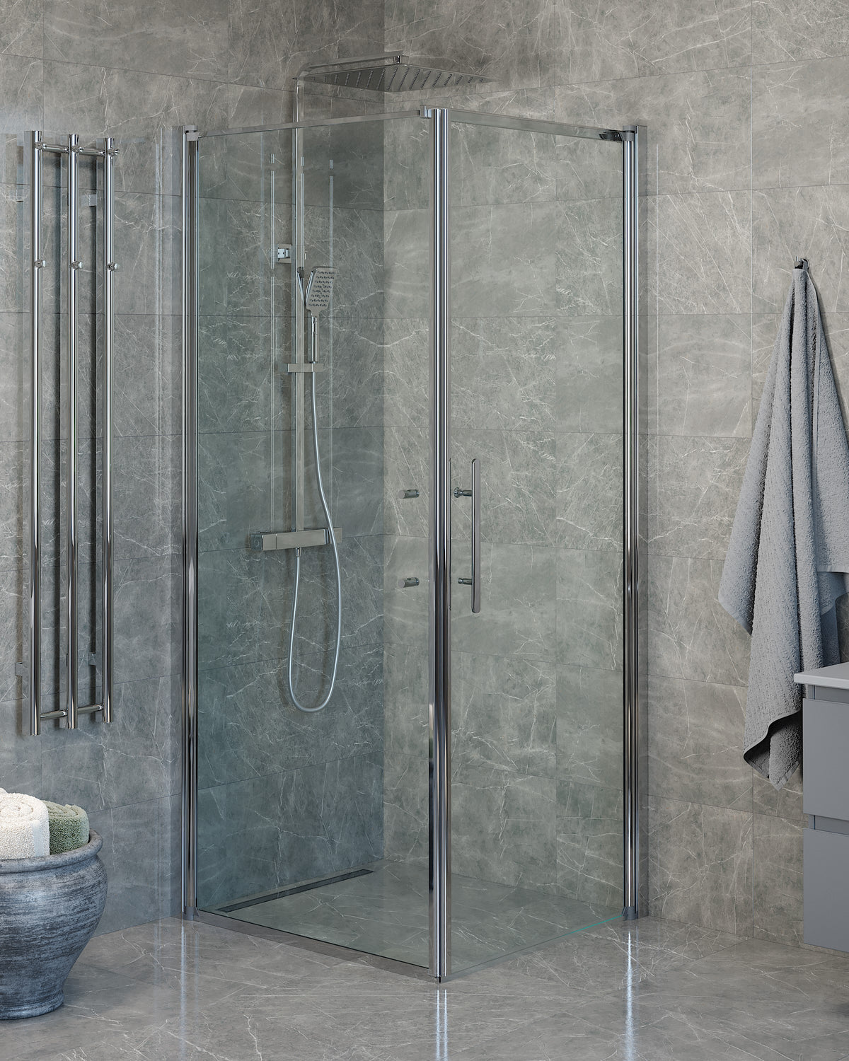 Vänern Shower Enclosure, Wall + Door, Chrome Profile, Clear Glass