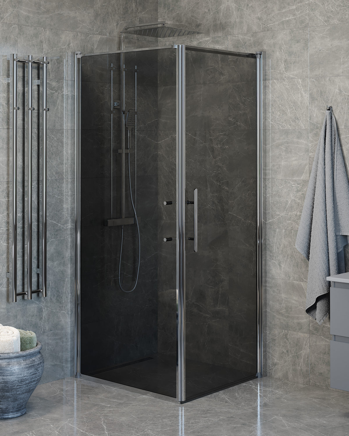 Vänern Shower Enclosure, Wall + Door, Chrome Profile, Dark Tinted Glass