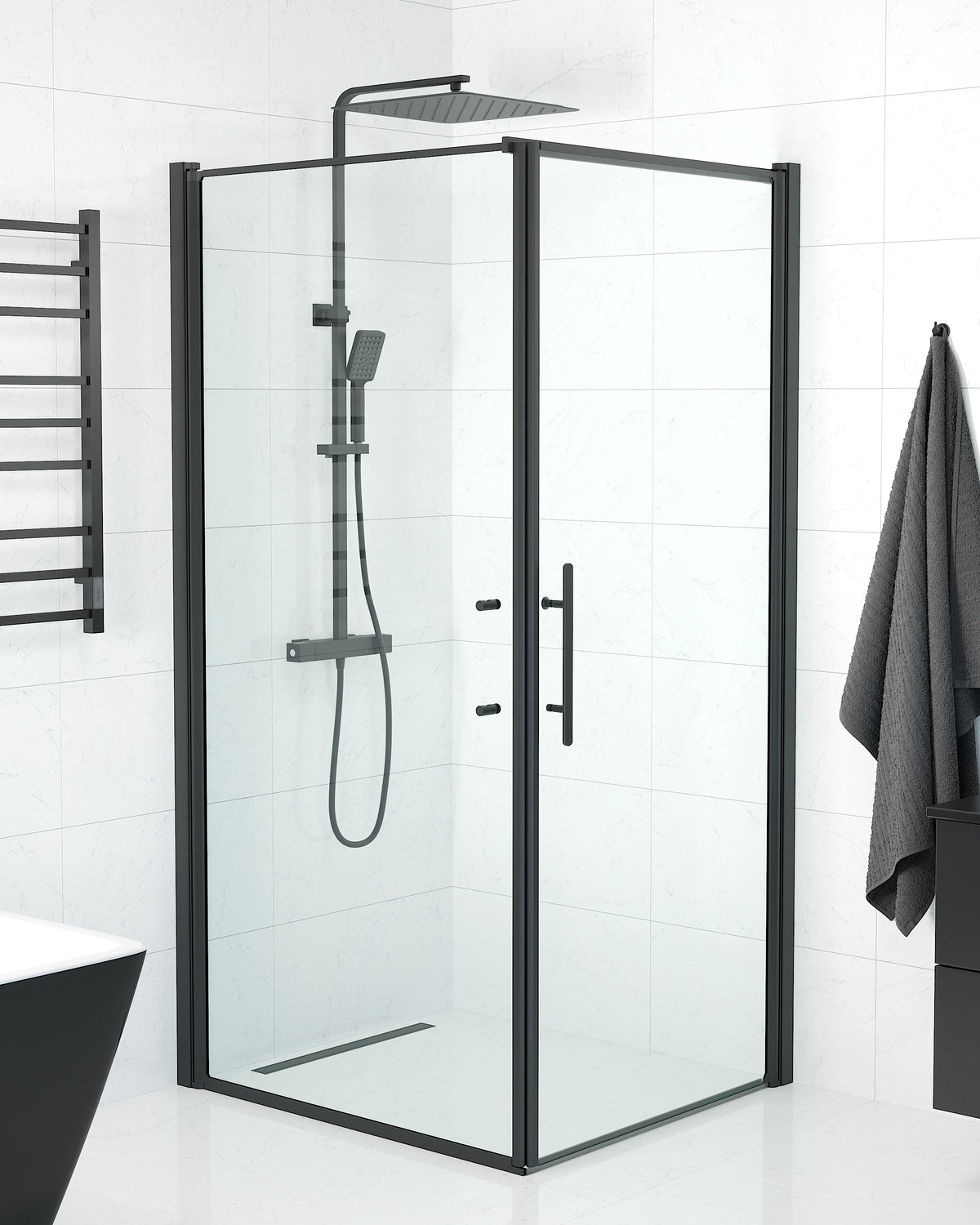 Vänern Shower Enclosure, Wall + Door, black Profile, Clear Glass